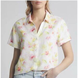 Tommy Bahama 100% Linen Button Shirt Women L Luxury Abstract Floral White Pink